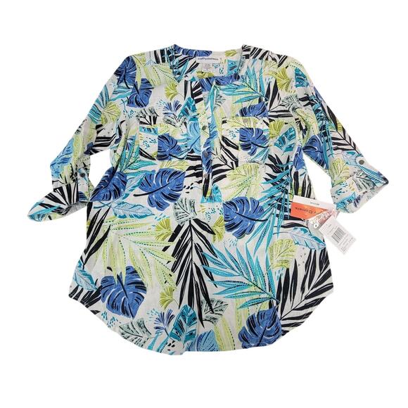 Cathy Daniels Medium Leaf Print Long Sleeve Shirt Blue/Green - Picture 1 of 5